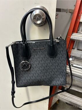 Michael Kors Black Logo-Print Small Satchel with MK Charm